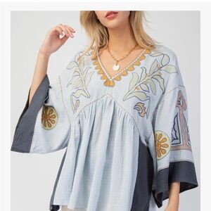 Easel Floral Embroidered Blouse - Light Blue and Beige